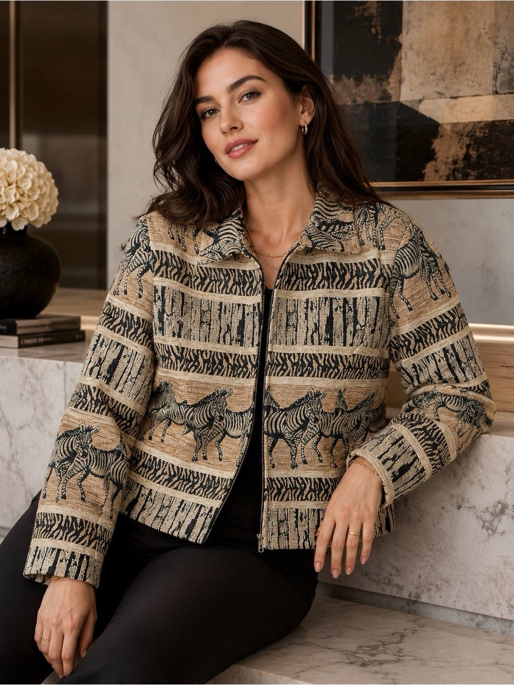 Giancarlo Ferrari Women Jacket 14 Beige Black Zebra Tapestry Woven Zip Front